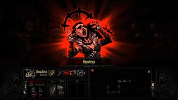 Captura promocional oficial de Darkest Dungeon I: Exemplo visual de uma aflição após o acúmulo de estresse. Interface de uma versão histórica.