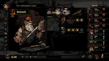 Captura promocional oficial de Darkest Dungeon I: Menu do ferreiro com melhorias de equipamento. Interface de uma versão histórica.