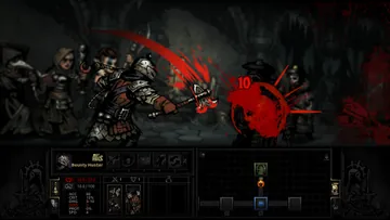 Captura promocional oficial de Darkest Dungeon I: Caçador de Recompensas usando um ataque. Interface de uma versão histórica.