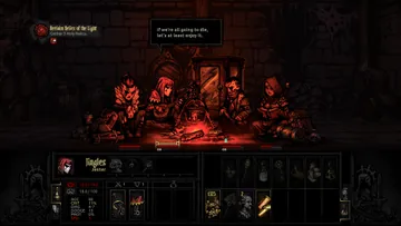 Captura promocional oficial de Darkest Dungeon I: Grupo descansando em um acampamento. Interface de uma versão histórica.