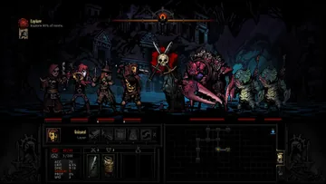 Captura promocional oficial de Darkest Dungeon I: Equipe em combate na Enseada. Interface de uma versão histórica.