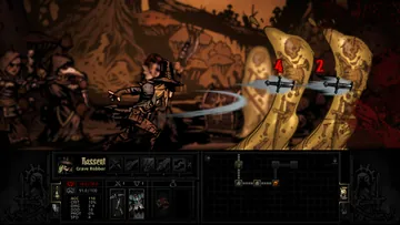 Captura promocional oficial de Darkest Dungeon I: Saqueadora de Túmulos atacando inimigos na Floresta. Interface de uma versão histórica.