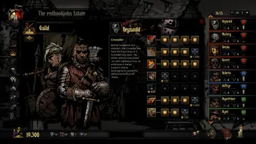 Captura promocional oficial de Darkest Dungeon I: Guilda e treinamento de habilidades do Cruzado. Interface de uma versão histórica.