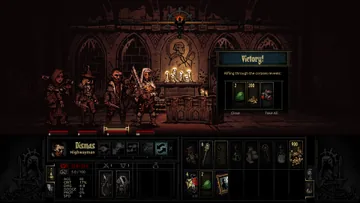 Captura promocional oficial de Darkest Dungeon I: Janela de saque após uma vitória na masmorra. Interface de uma versão histórica.