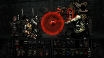 Captura promocional oficial de Darkest Dungeon I: Encontro com o Necromante nas Ruínas. Interface de uma versão histórica.