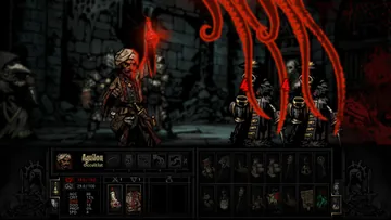 Captura promocional oficial de Darkest Dungeon I: Ocultista usando uma habilidade contra inimigos. Interface de uma versão histórica.
