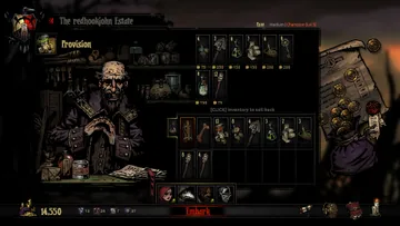 Captura promocional oficial de Darkest Dungeon I: Loja de provisões antes de embarcar. Interface de uma versão histórica.