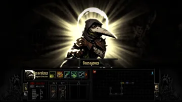 Captura promocional oficial de Darkest Dungeon I: Médica da Peste recebendo uma virtude. Interface de uma versão histórica.