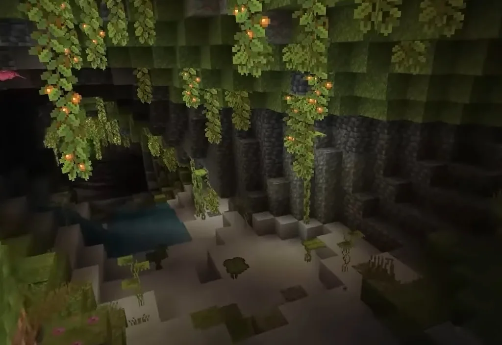 Caverna exuberante no Minecraft. Referência de uma versão histórica.