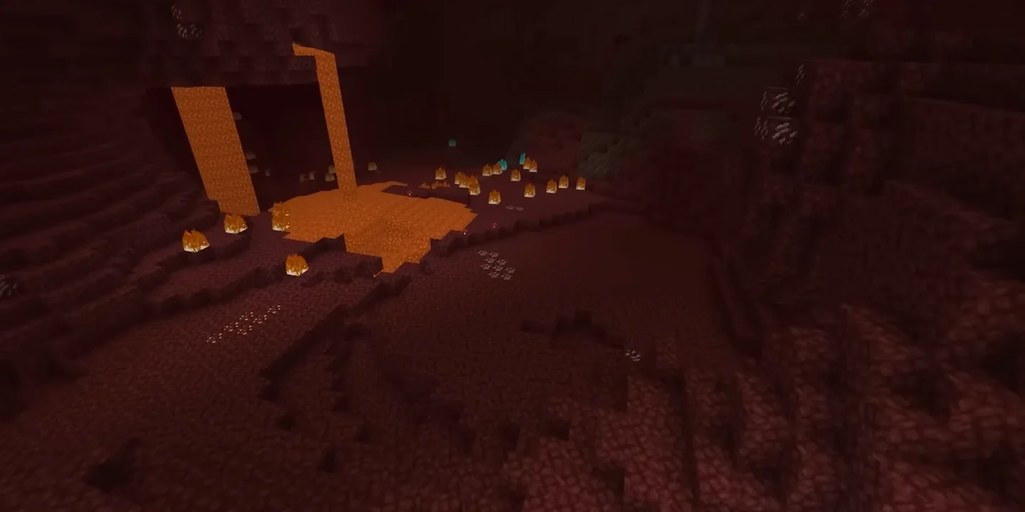 Exploração no Nether do Minecraft. Referência de uma versão histórica.