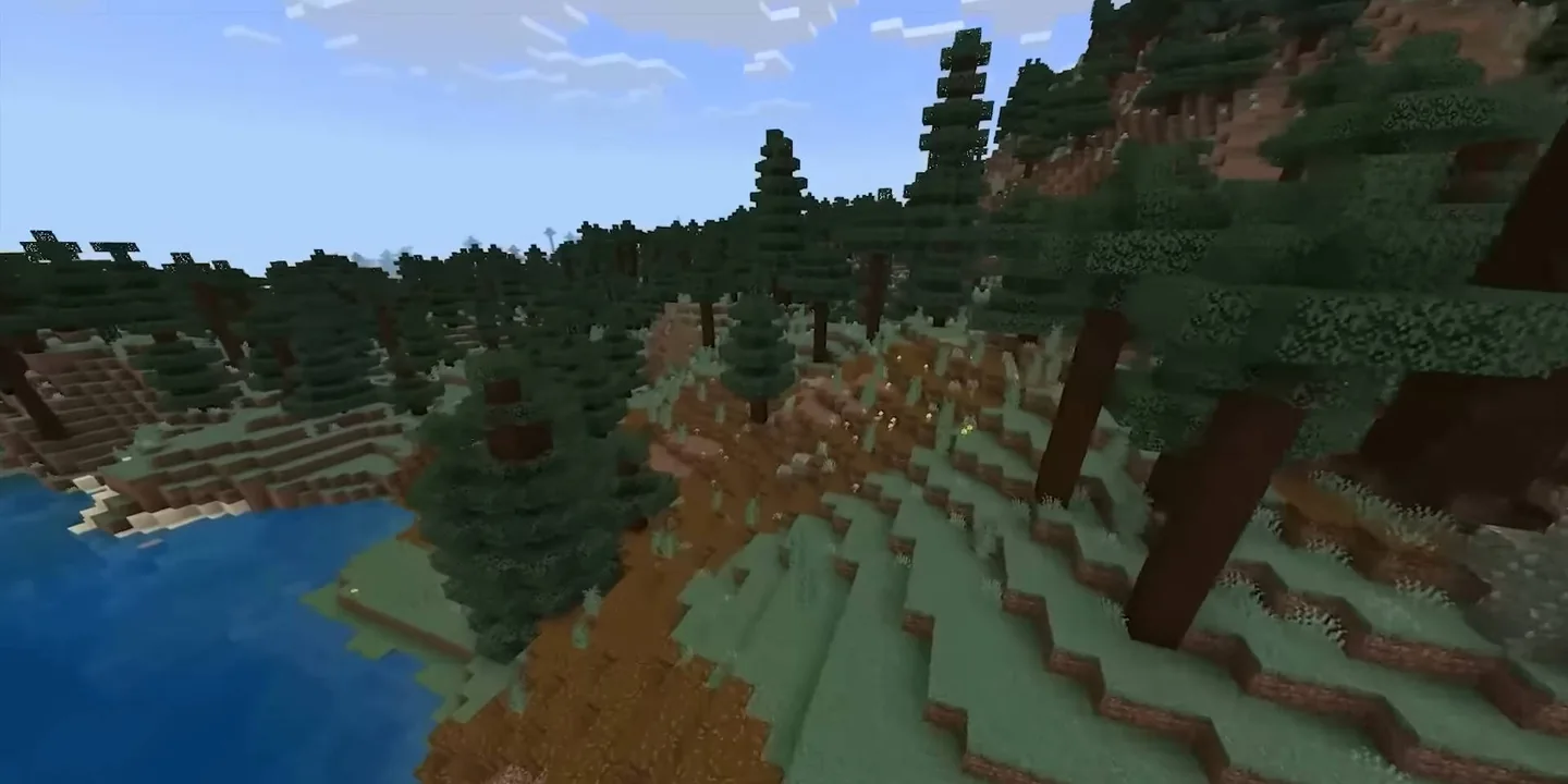 Bioma de taiga no Minecraft. Referência de uma versão histórica.