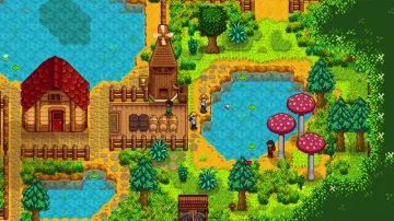 Screenshot oficial de Stardew Valley com edifícios e áreas da fazenda