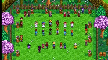 Personagens reunidos no festival Dança das Flores de Stardew Valley